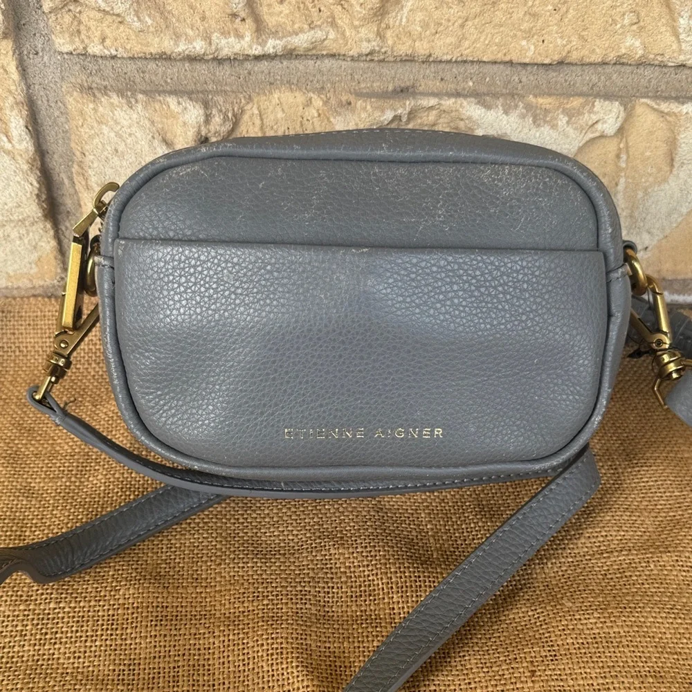 Etienne Aigner Gray Leather Crossbody Bag Purse Logo Camera Bag Stella Mini